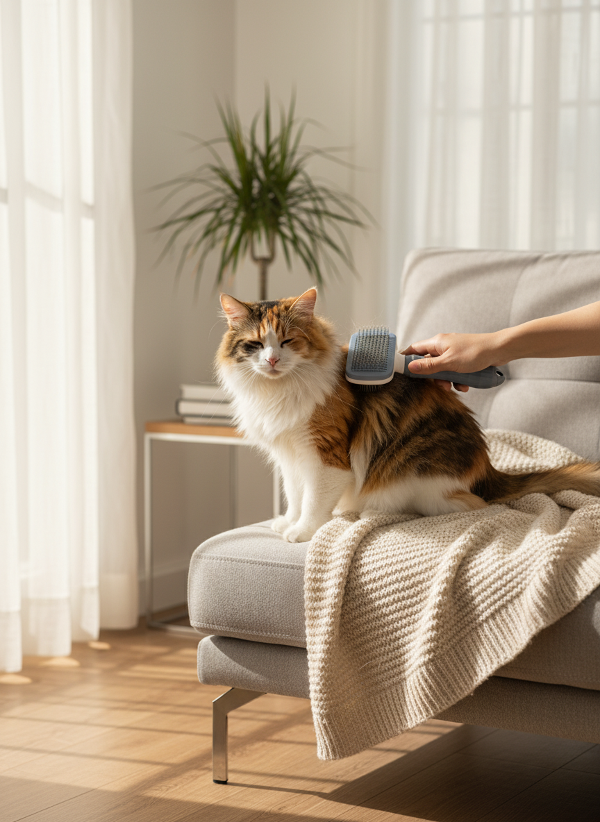 Realistic Cat Grooming with Self-Cleaning Brush